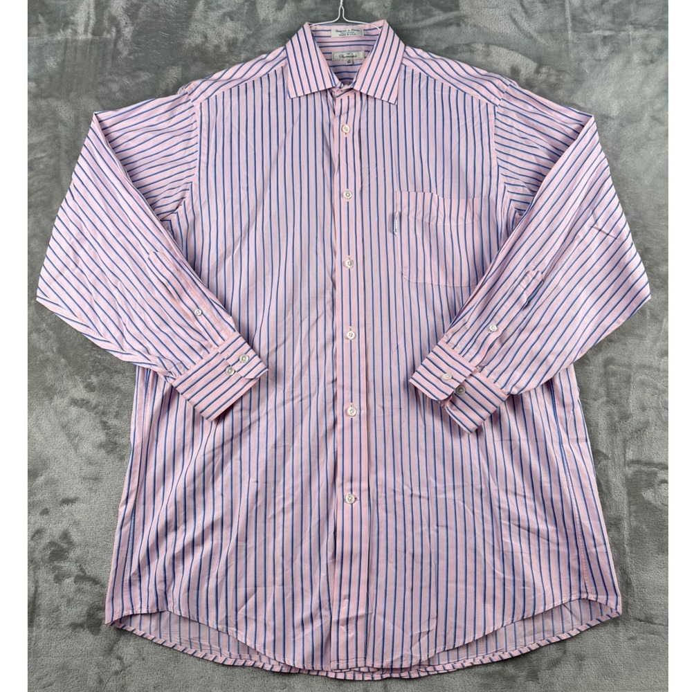 Faconnable Shirt Mens 16L Button-Down Pink Blue Striped Cotton EUC